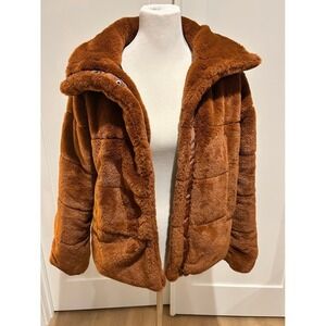 NVLT Faux Fur Bunny Puffer Jacket Cozy Warm Winter Coat Cognac NWT